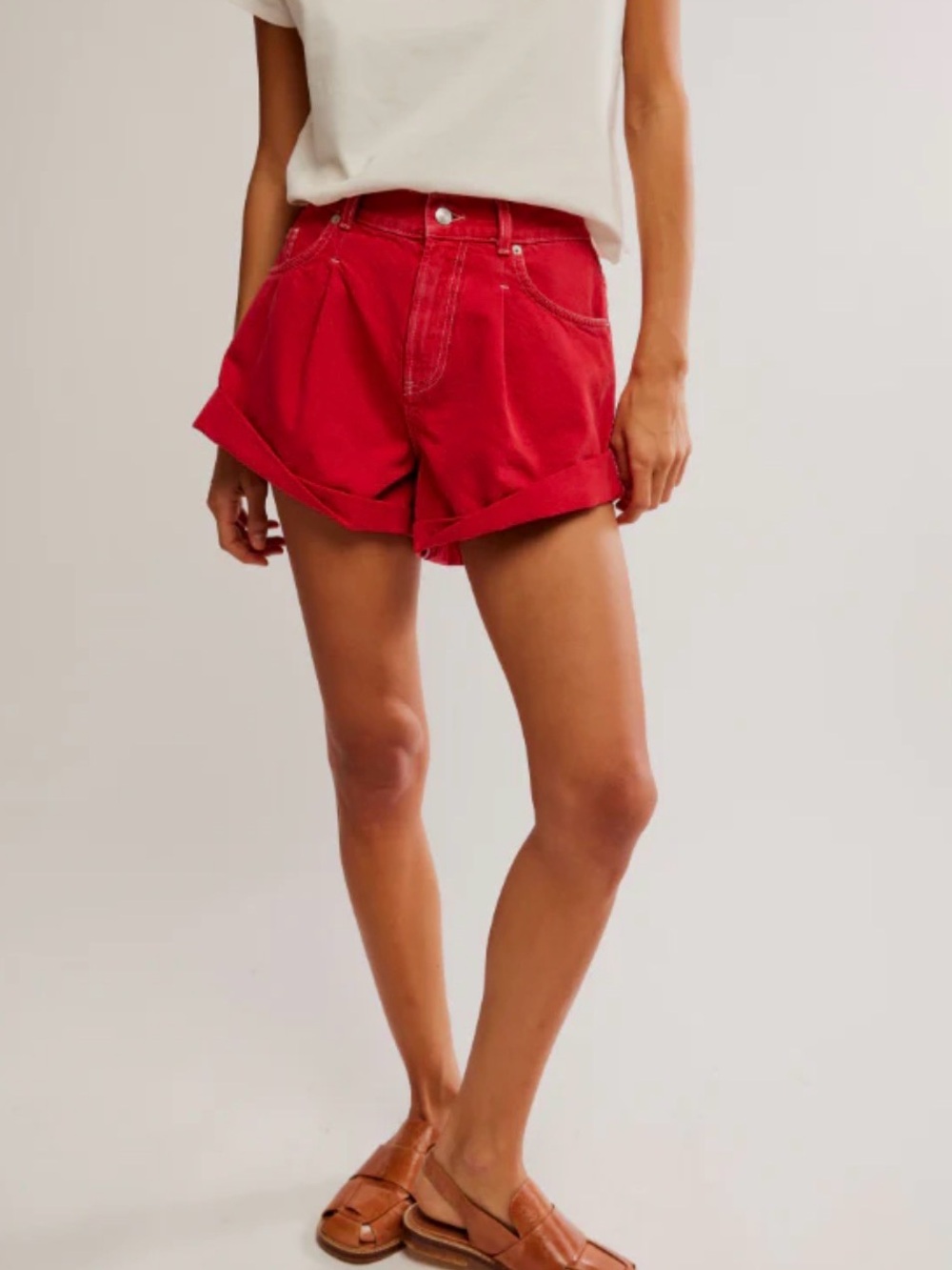 Free People Red Rolled-Hem Cotton Shorts